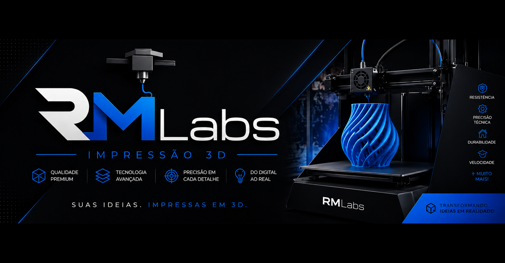 RM Labs — impressão 3D. Banner da marca em preto e azul com uma impressora produzindo um vaso azul.